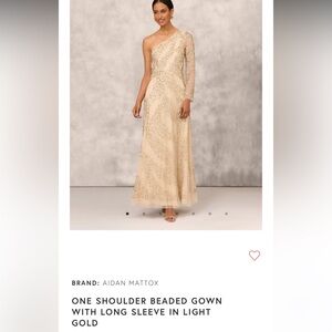 BRAND: AIDAN MATTOX
ONE SHOULDER BEADED GOWN WITH LONG SLEEVE IN LIGHT GOLD